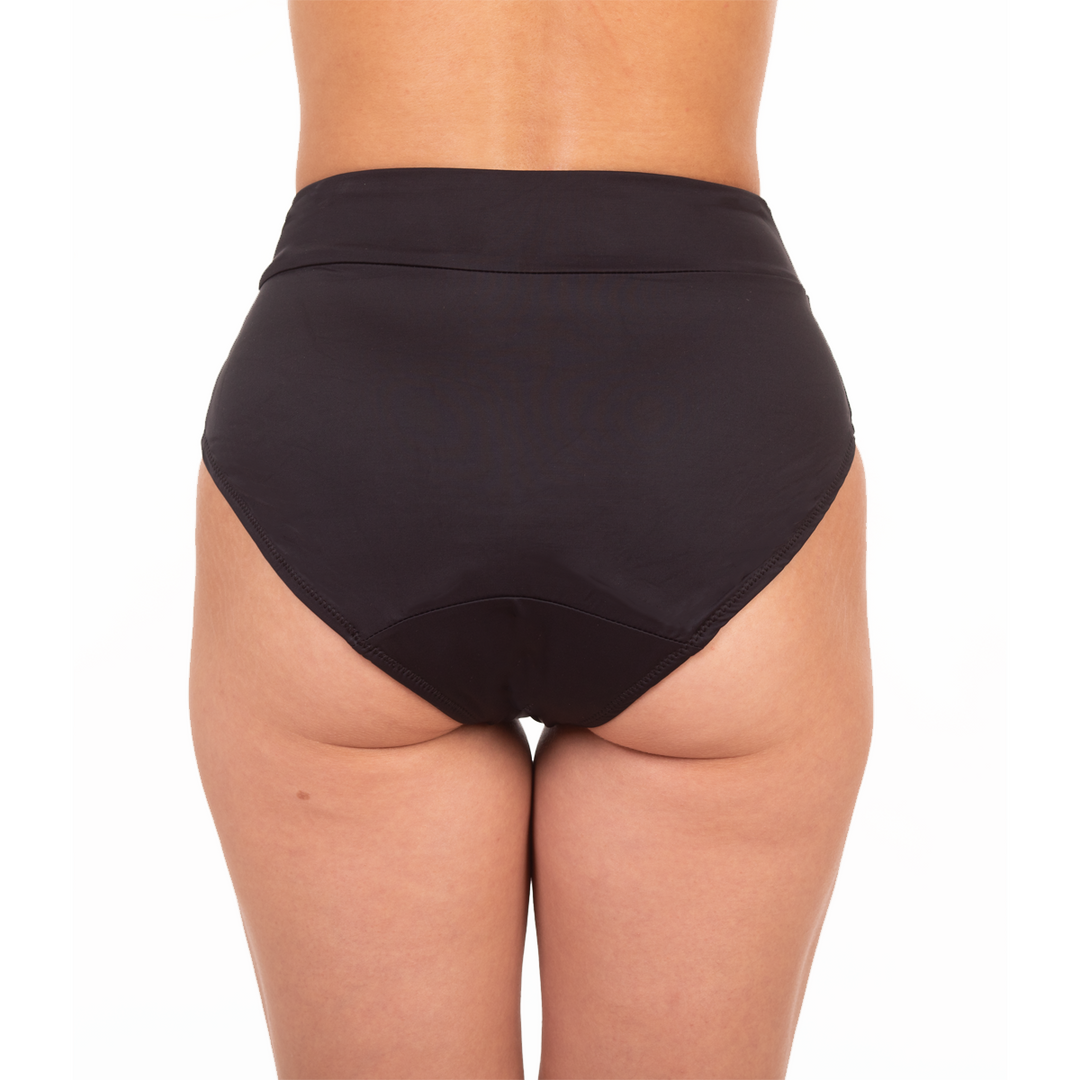Slip menstrual pentru inot, protectie UV30+ absorbtie moderata talie inalta Kaia negru - FemiEko