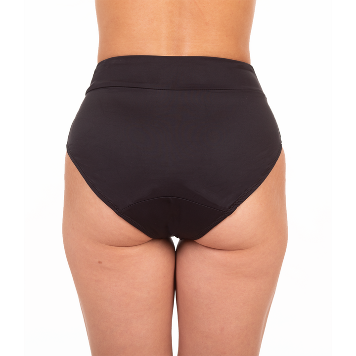 Slip menstrual pentru inot, protectie UV30+ absorbtie moderata talie inalta Kaia negru - FemiEko