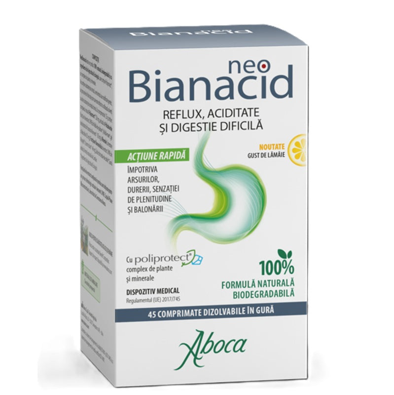 Neobianacid pentru aciditate si reflux cu aroma de lamaie, 45 comprimate - Aboca