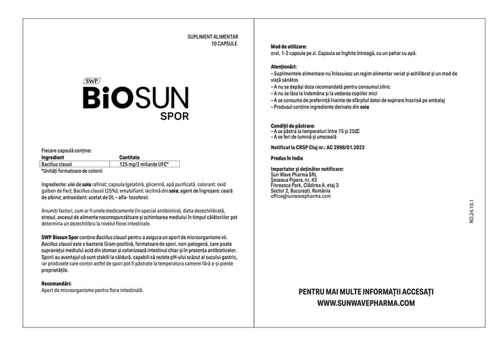 Biosun Spor – Suport Natural pentru Flora Intestinală, 125mg, 10 capsule - SunWave Pharma