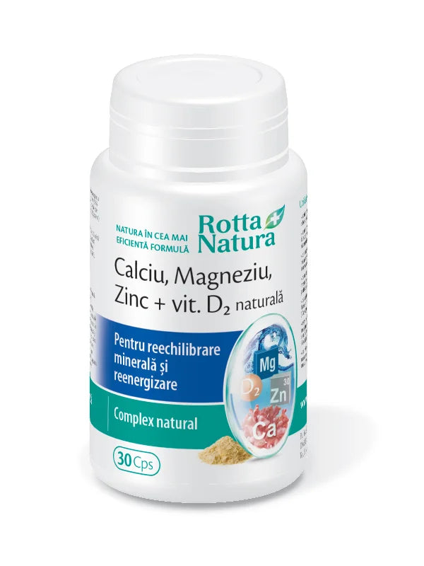 Calciu, magneziu, zinc + Vitamina D2 naturala, 30 cps-ROTT.00135