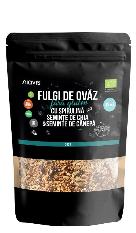 Fulgi Ovaz cu Spirulina, Chia, Canepa, Fara Gluten, Eco, 200 g-NIAV.00132