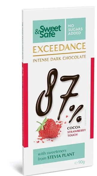 Ciocolata intens amaruie 87% cu capsuni, indulcita cu Stevia, 90 gr-SLYD.00055