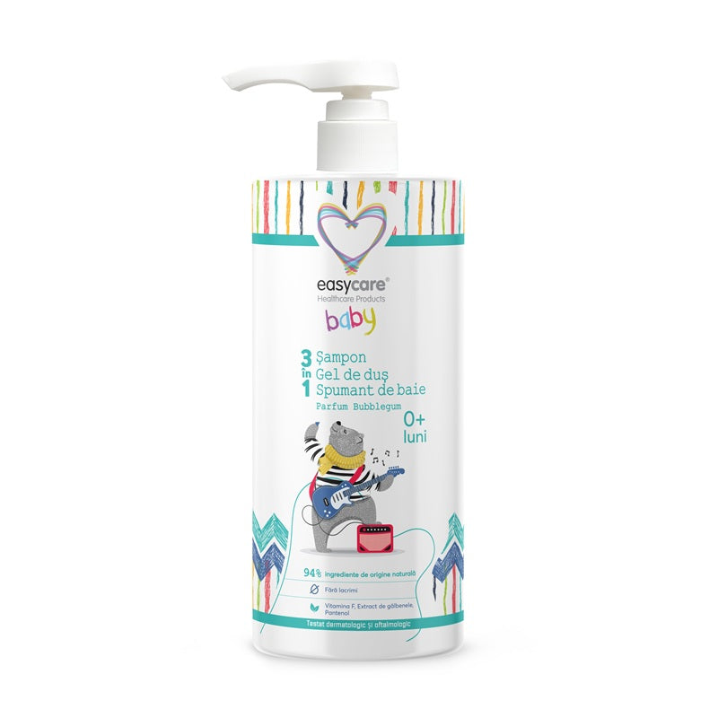 Sampon & gel dus & spuma baie 3in1 +0luni bubble gum pompita 1000ml - Easy Care Baby