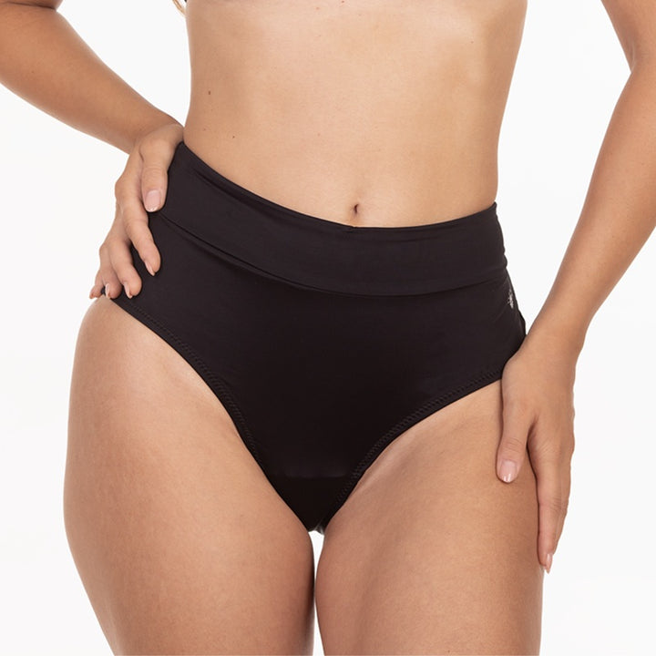Slip menstrual pentru inot, protectie UV30+ absorbtie moderata talie inalta Kaia negru - FemiEko