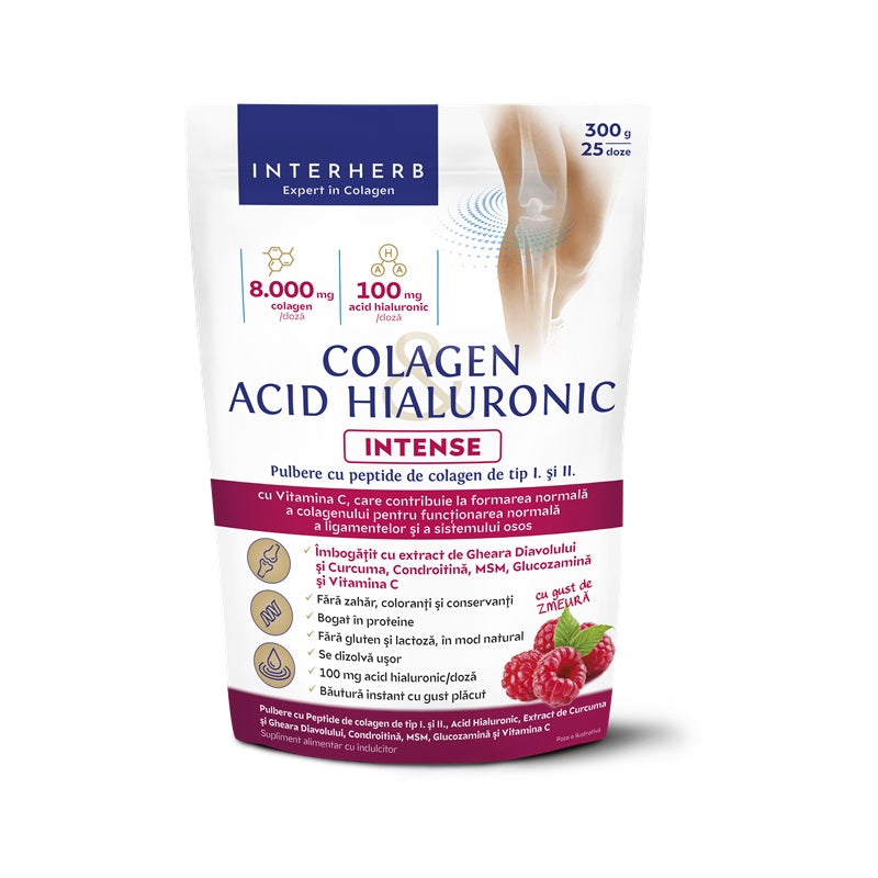 Colagen & Acid Hialuronic INTENSE Zmeură (pulbere) 300g - Interherb