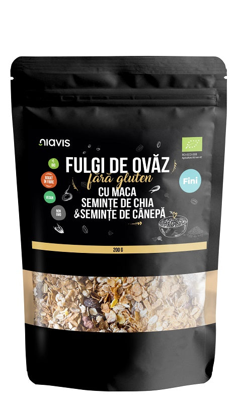 Fulgi Ovaz cu Maca, Chia, Canepa, Fara Gluten, Eco, 200 g-NIAV.00130