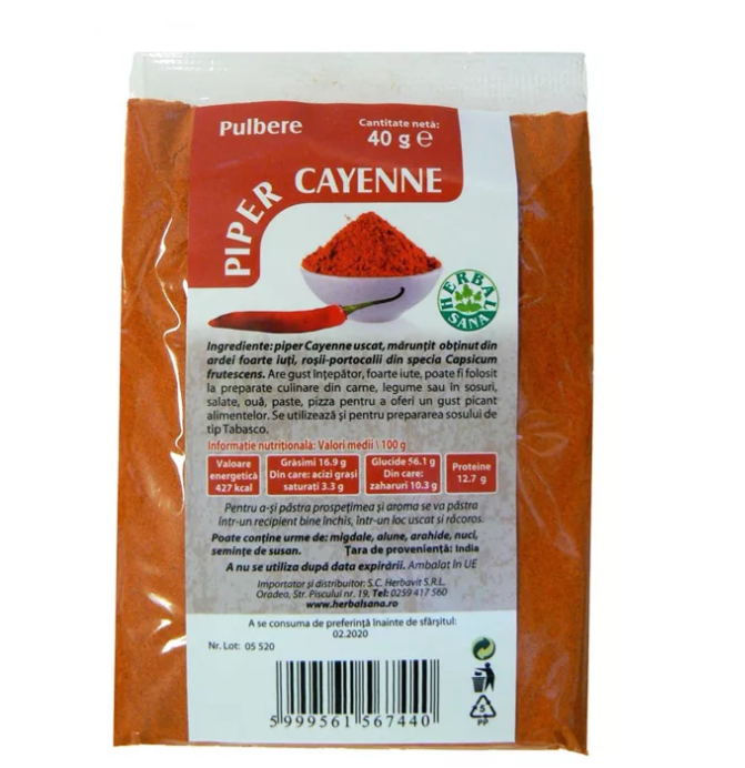 Piper cayenne pulbere 40gr - Herbavit