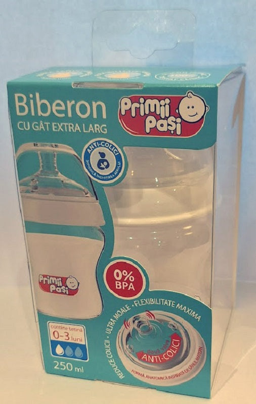 Biberon gat extra larg anticolici 0-3luni 250ml - Primii Pasi