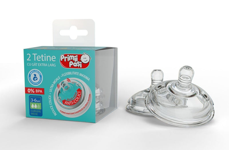 Tetina silicon rotunda curgere medie gat extra larg anticolici 3-6luni 2buc/set - Primii Pasi