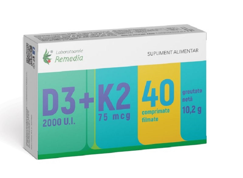 Vitamina d3 2000ui+k2 75mcg 40cpr filmate - Remedia