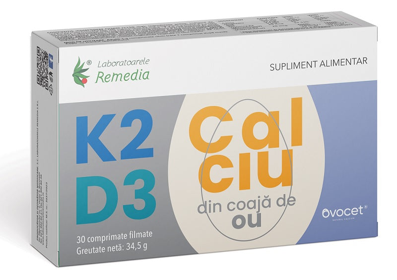 K2+d3+calciu(din coaja ou) 30cpr filmate - Remedia