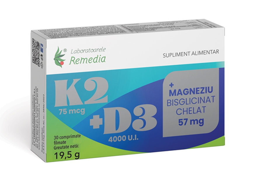 K2+d3+magneziu bisglicinat chelat 30cpr filmate - Remedia