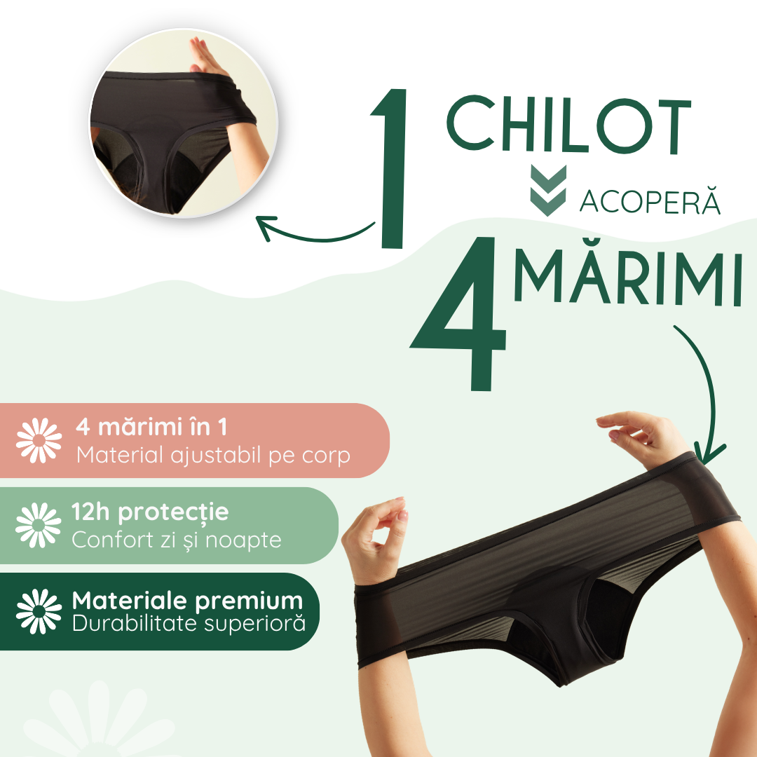 Chiloti menstruali din bumbac organic, absorbtie extra-abundenta, marime 4-in-1, negri Flexi - FemiEko