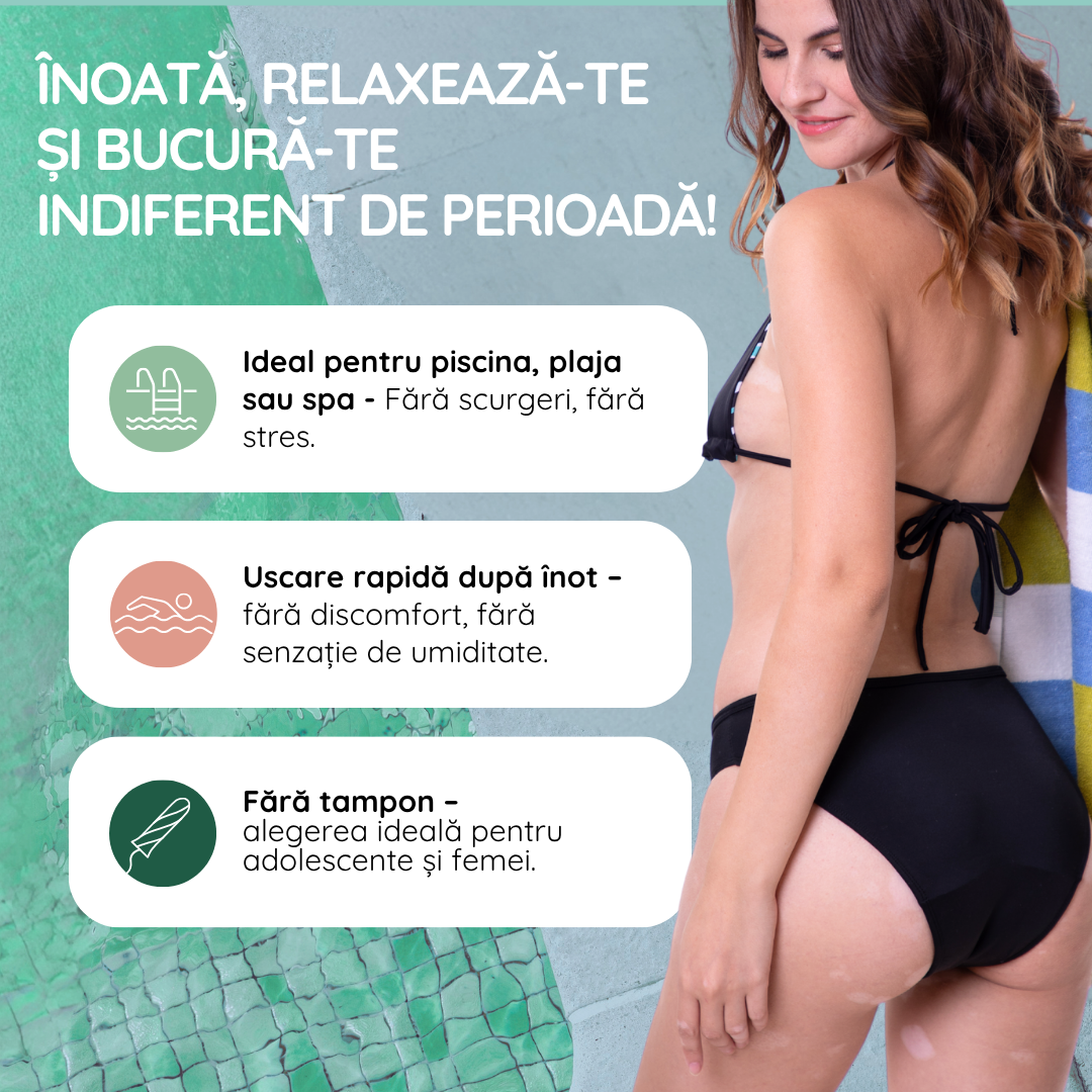 Slip menstrual pentru inot, protectie UV30+ absorbtie moderata Maja negru - FemiEko