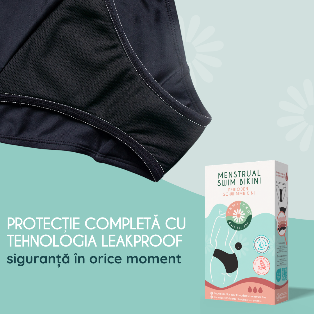 Slip menstrual pentru inot, protectie UV30+ absorbtie moderata talie inalta Kaia negru - FemiEko