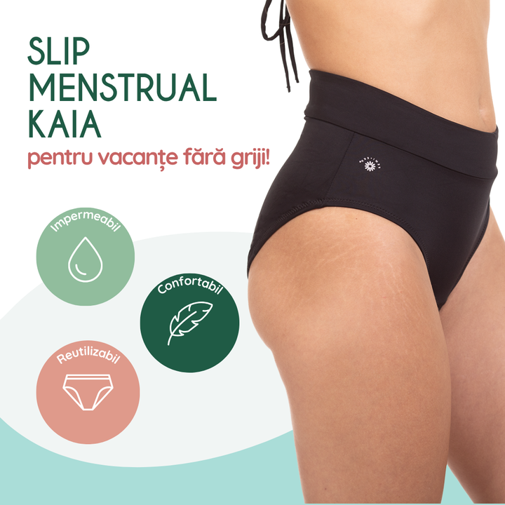 Slip menstrual pentru inot, protectie UV30+ absorbtie moderata talie inalta Kaia negru - FemiEko