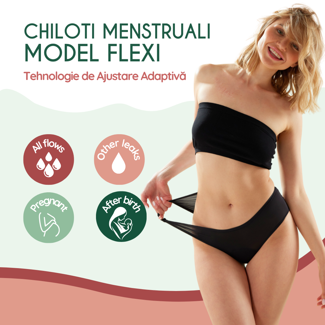 Chiloti menstruali din bumbac organic, absorbtie extra-abundenta, marime 4-in-1, negri Flexi - FemiEko