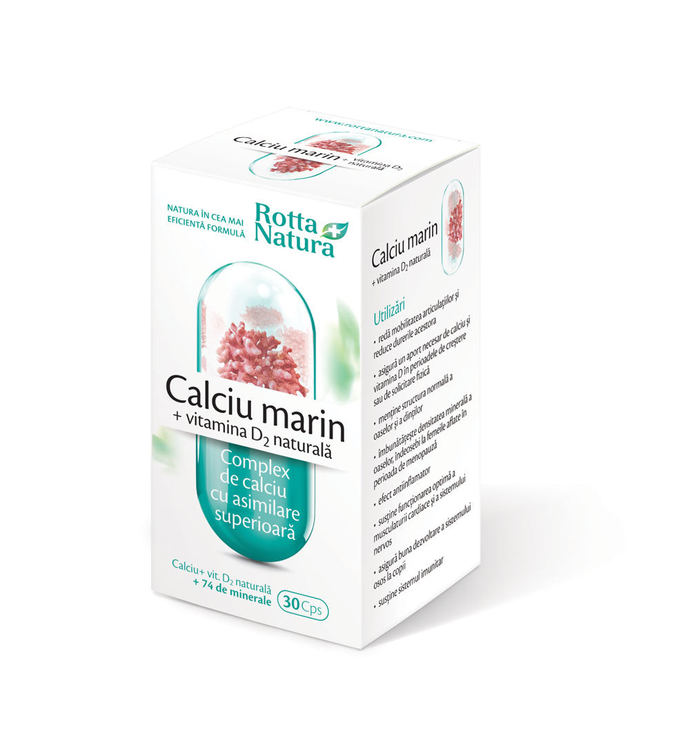Calciu marin + vitamina D2 naturală (30 capsule) – Rotta Natura - Calciu din alge 240 mg și vitamina D2 5 µg