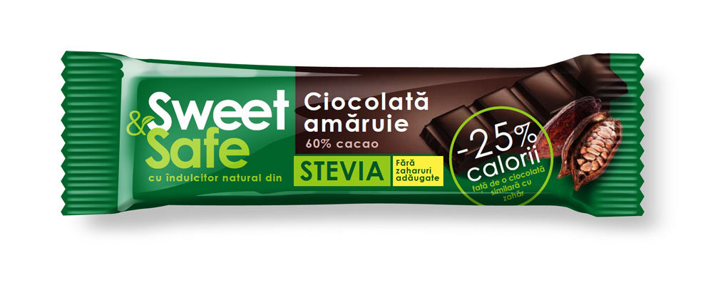 Ciocolata amaruie&indulcitor stevie 25gr sweet&safe - Sly Nutritia