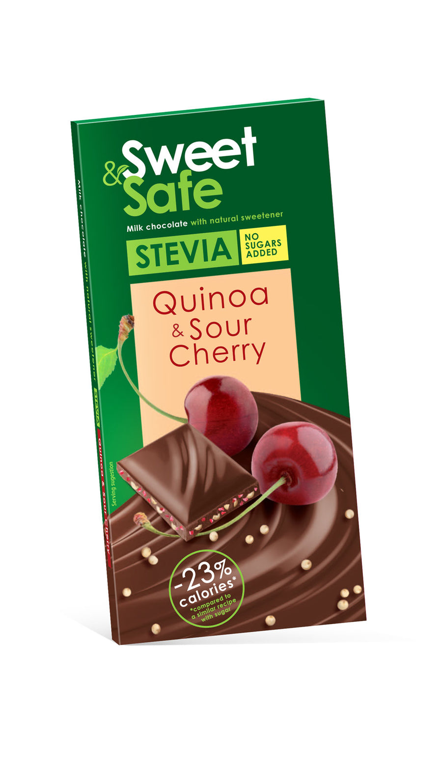 Ciocolata cu lapte, quinoa & visine, Stevia, 90 gr (Sweet & Safe)-SLYD.00042