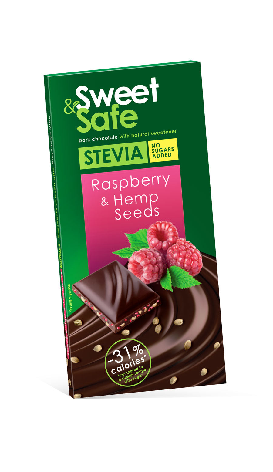 Ciocolata amaruie cu seminte de canepa & zmeura, indulcita cu Stevia, 90 gr (Sweet & Safe)-SLYD.00043