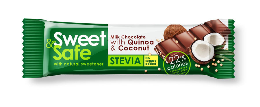 Ciocolata cu lapte, cocos & quinoa, indulcita cu Stevia, 25 gr (Sweet & Safe)-SLYD.00044