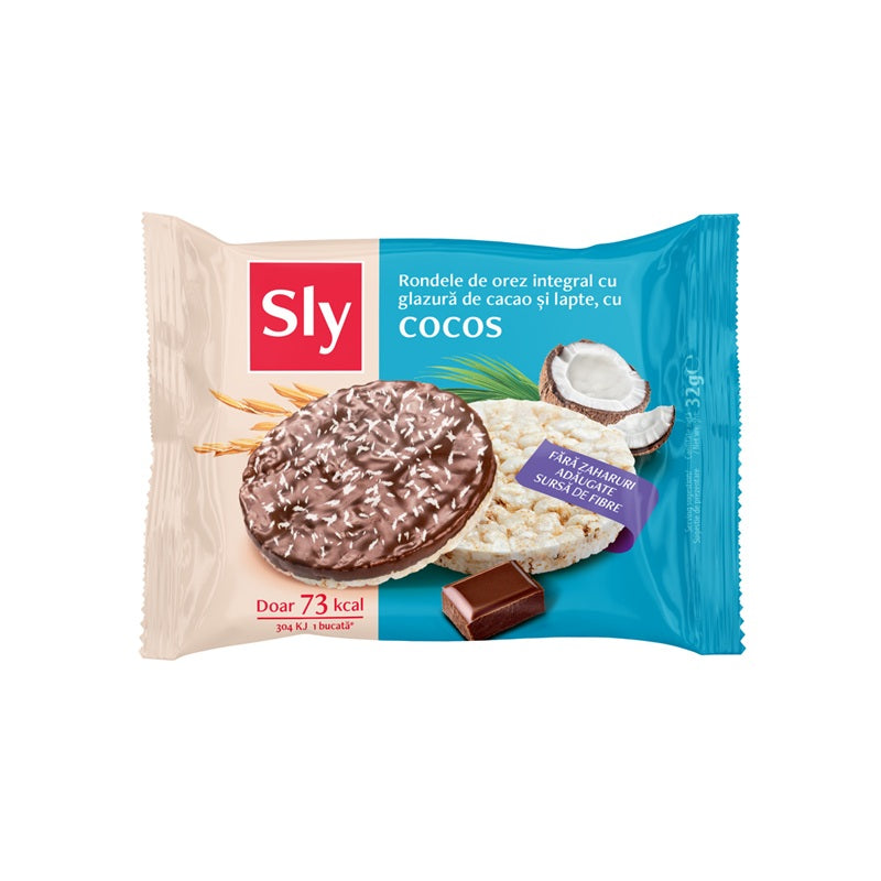 Rondele orez integral cu cocos si glazura cacao si lapte 32gr - Sly Nutritia