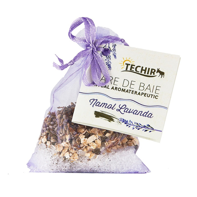 Sare de baie aromaterapeutic nămol și lavandă (63 g) – Techir - Sare Epsom, nămol sapropelic, ovăz, flori de lavandă